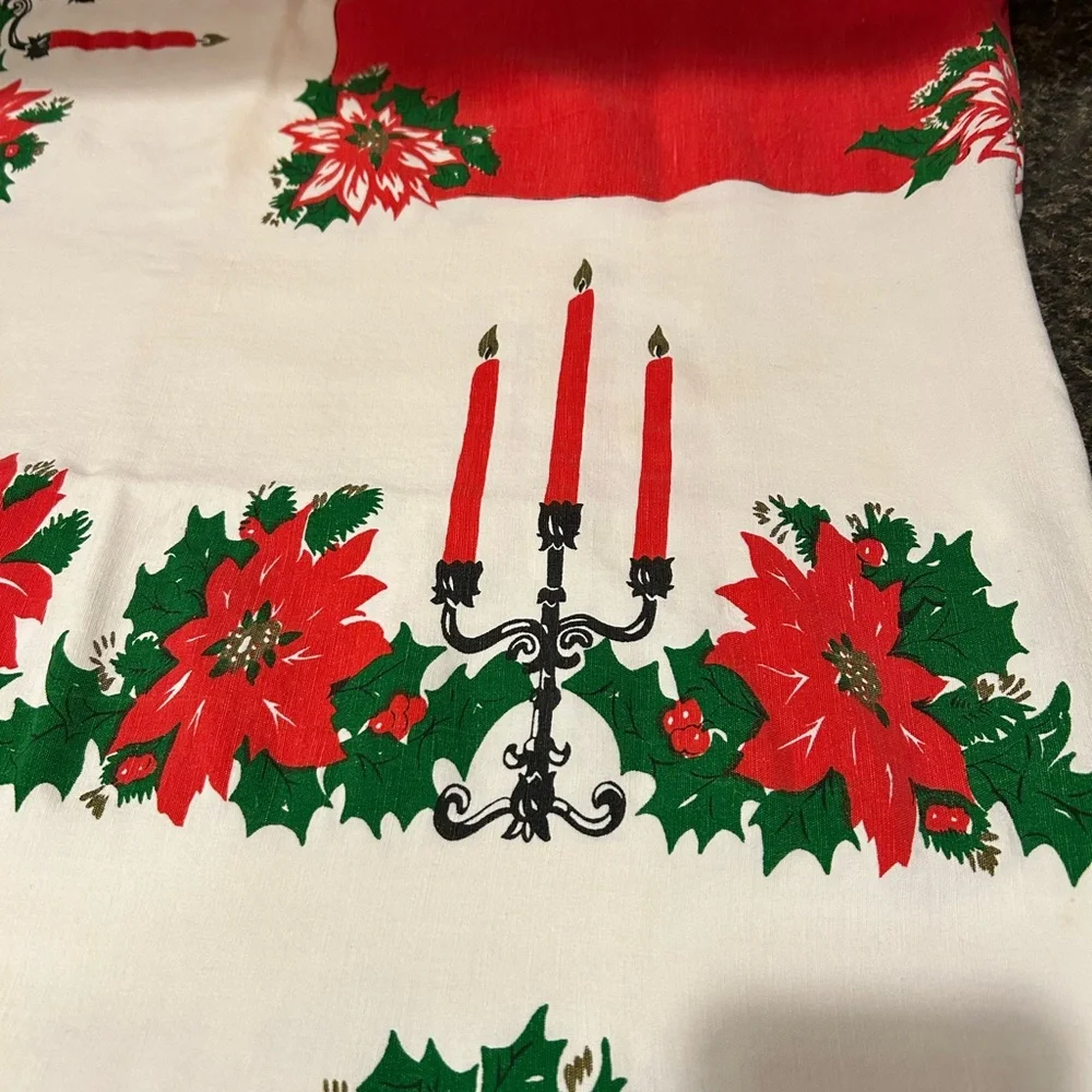 Festive Holiday Table Runner with Red Poinsettias Estate item vintage tablecloth